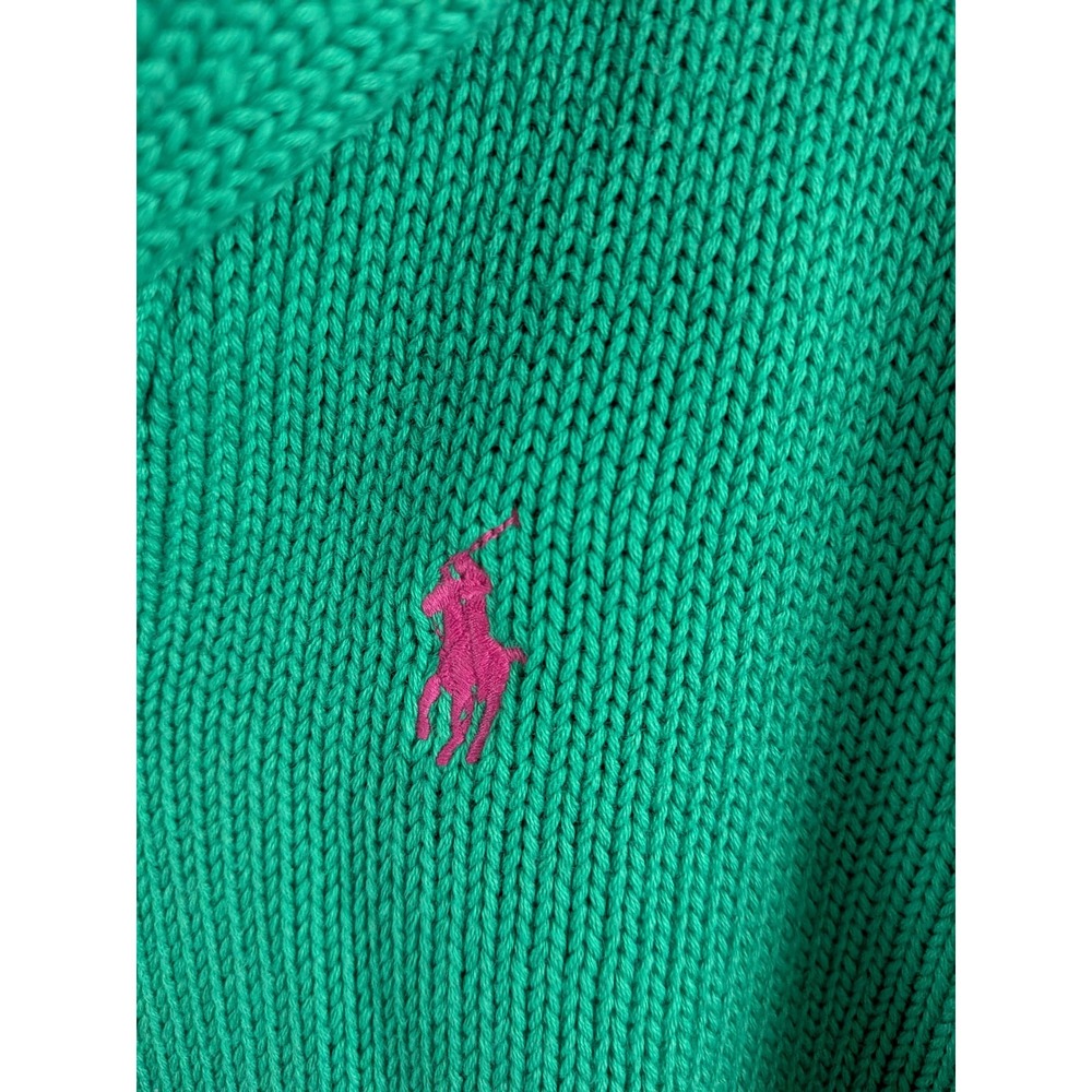 Ralph Lauren Sport Green Shawl Collar Cotton Knit Sweater Pink Pony XL - Picture 3 of 6